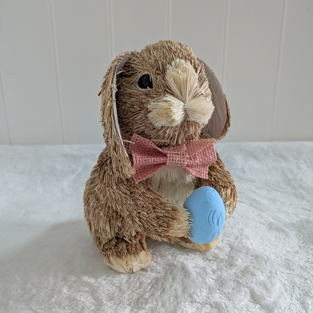 Sisal Bunny with Pink Bow and Blue Egg - Decorative Accent